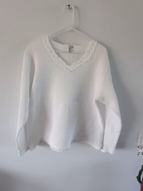 Focus White Waffle Knit Oversized Cotton Sweater XL Coastal Grandma Boho
